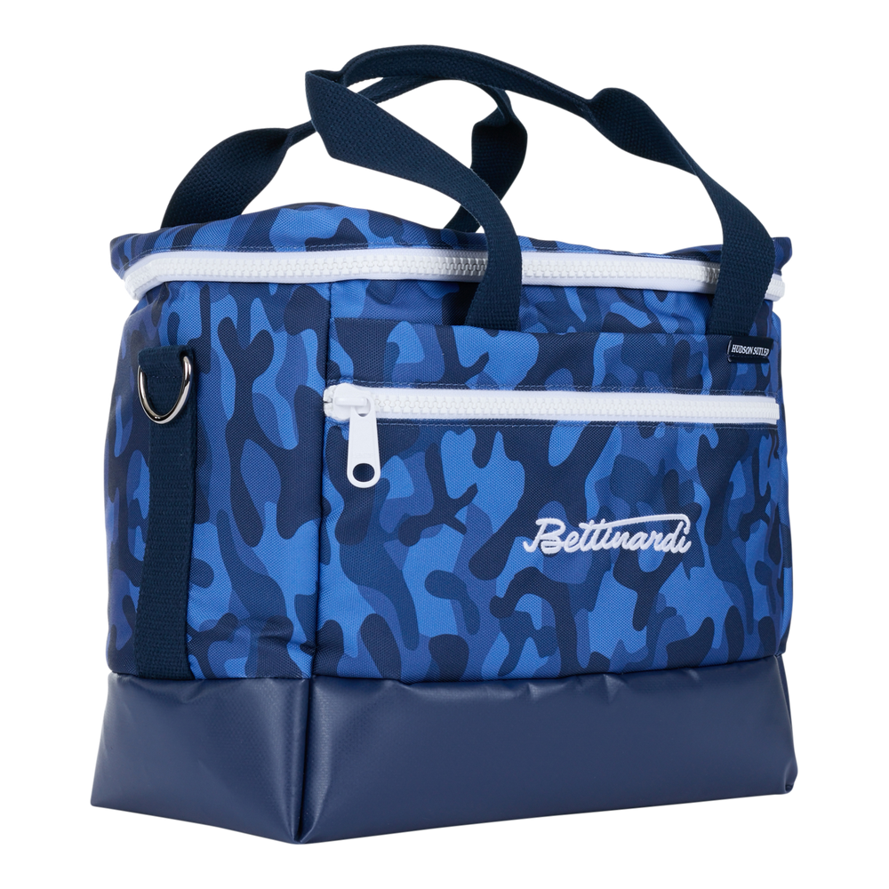 Bettinardi Hudson Sutler Wordscript Navy Camo Montauk Cooler Bag-zipper and side