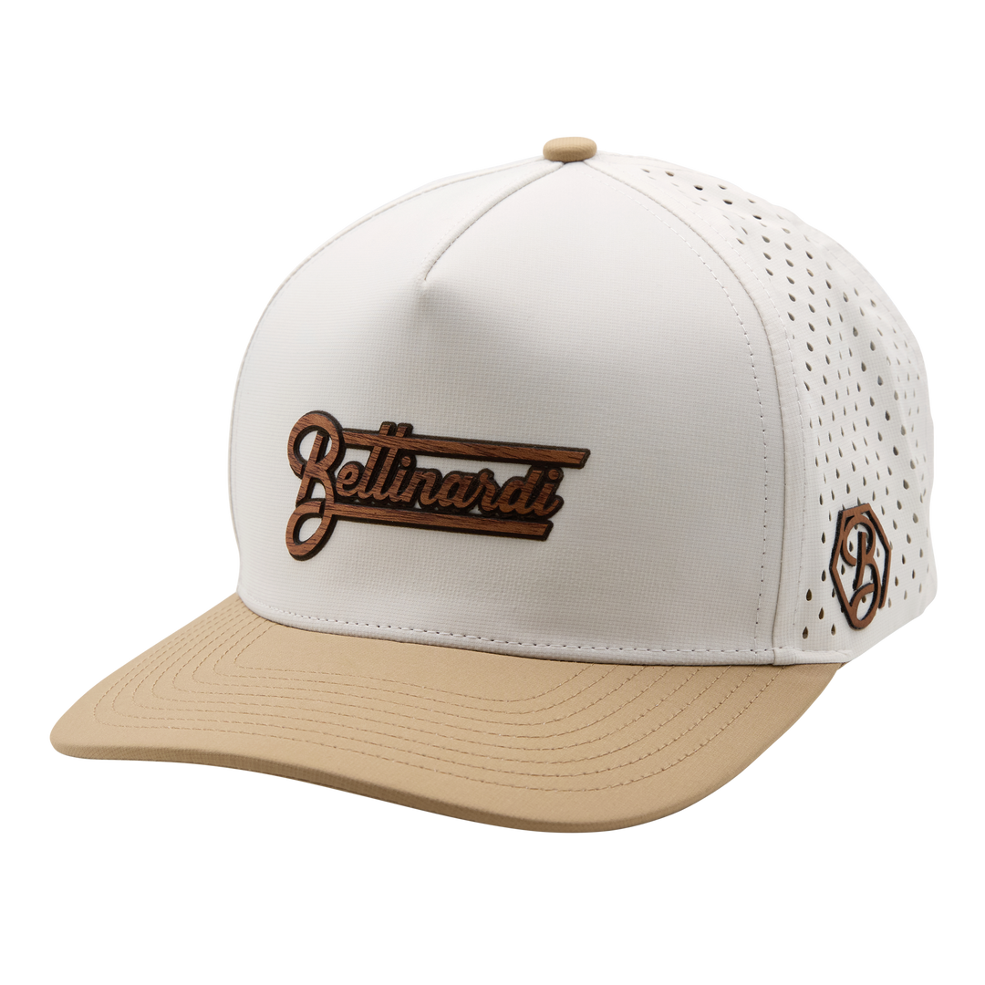Bettinardi Wood Applique Retro Wordmark Medium Profile Snapback Hat (Off White/Khaki)