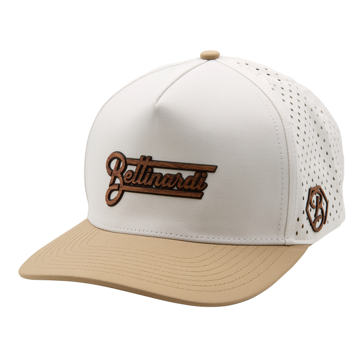 Bettinardi Wood Applique Retro Wordmark Medium Profile Snapback Hat (Off White/Khaki)