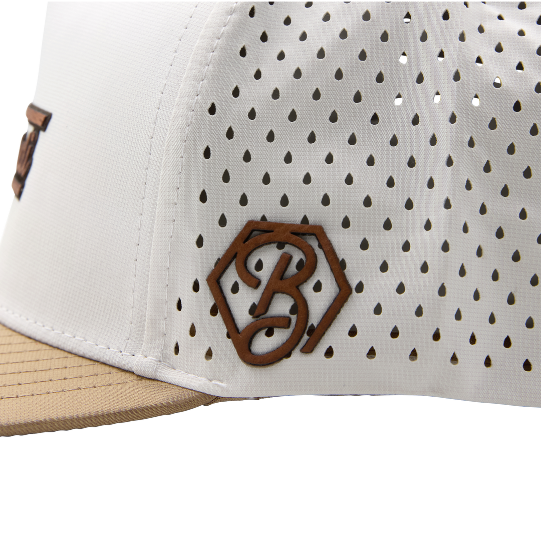 Bettinardi Wood Applique Retro Wordmark Medium Profile Snapback Hat (Off White/Khaki)