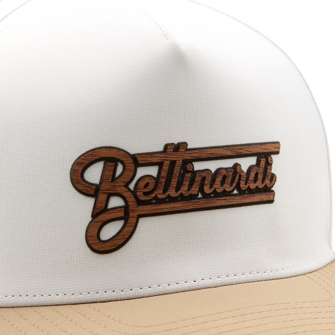 Bettinardi Wood Applique Retro Wordmark Medium Profile Snapback Hat (Off White/Khaki)