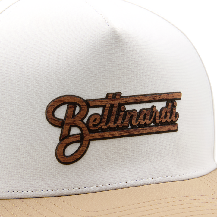 Bettinardi Wood Applique Retro Wordmark Medium Profile Snapback Hat (Off White/Khaki)