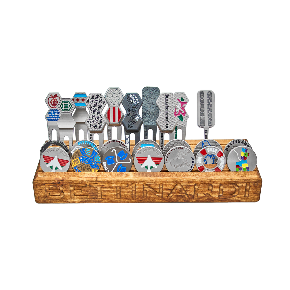 Hand-Crafted Bettinardi Ball Marker / Divot Tool Display with ball markers and divot tools