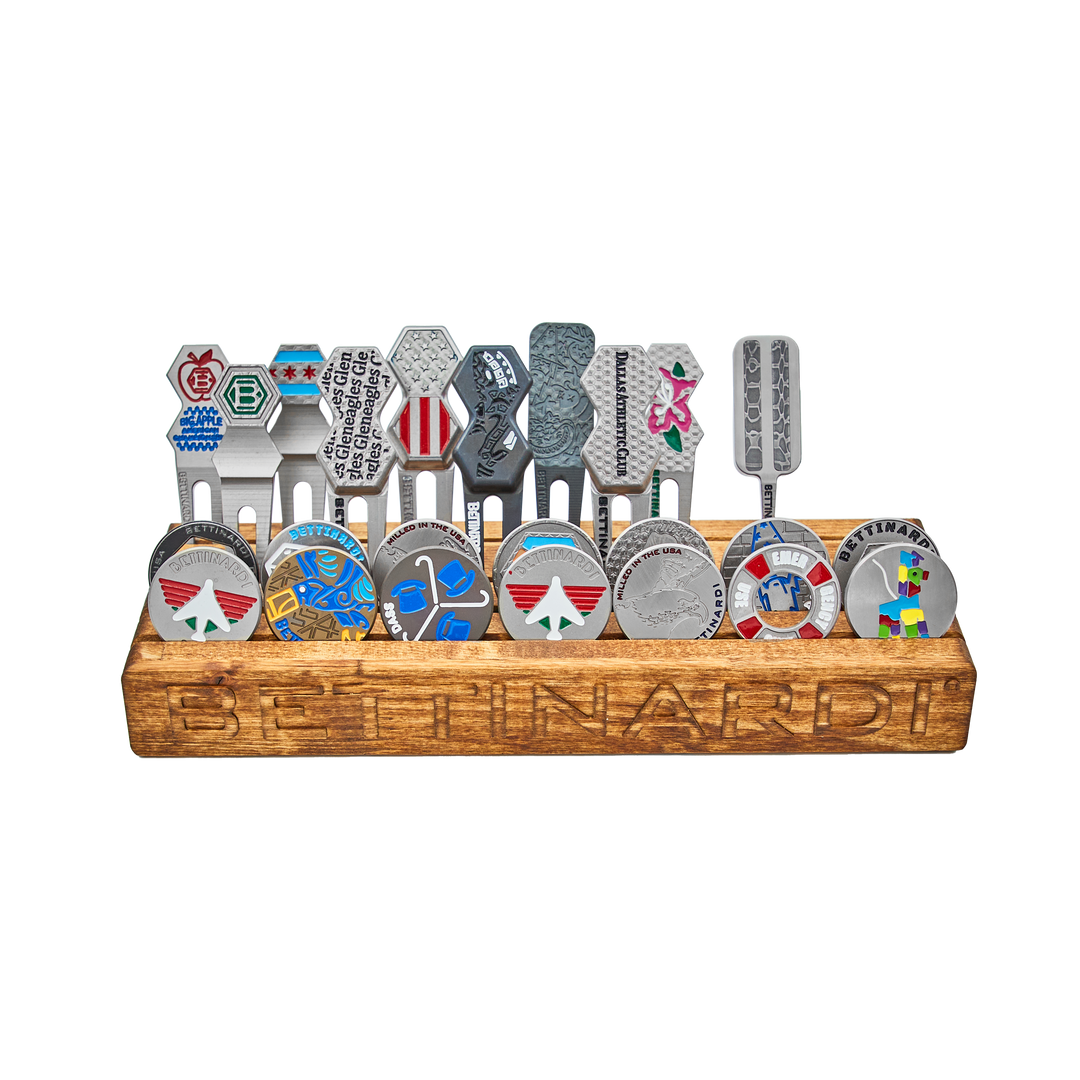 Hand-Crafted Bettinardi Ball Marker / Divot Tool Display with ball markers and divot tools
